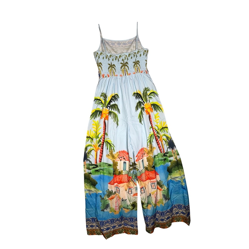 Tropical Palm Tree Villa Print Wide Leg Jumpsuit Blue Large Summer Boho - Picture 5 of 8